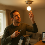 person checking a smart light bulb near a ceiling fixture with tools