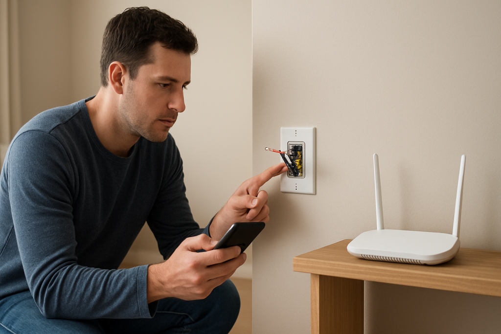 Technician checking a smart switch on a wall near a router and smartphone