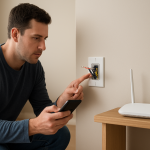 Technician checking a smart switch on a wall near a router and smartphone