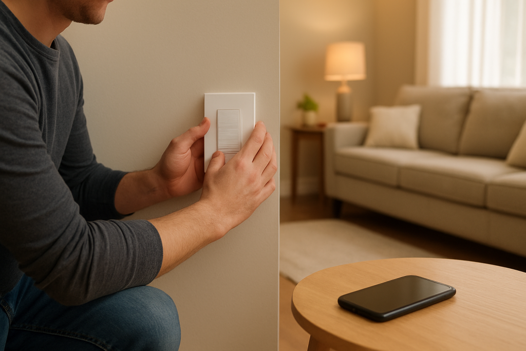 technician checking a smart wall switch with smartphone nearby in home