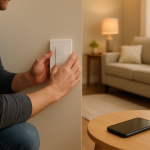 technician checking a smart wall switch with smartphone nearby in home