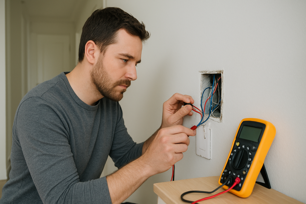 Close up of a person inspecting wiring behind a wall switch