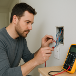 Close up of a person inspecting wiring behind a wall switch