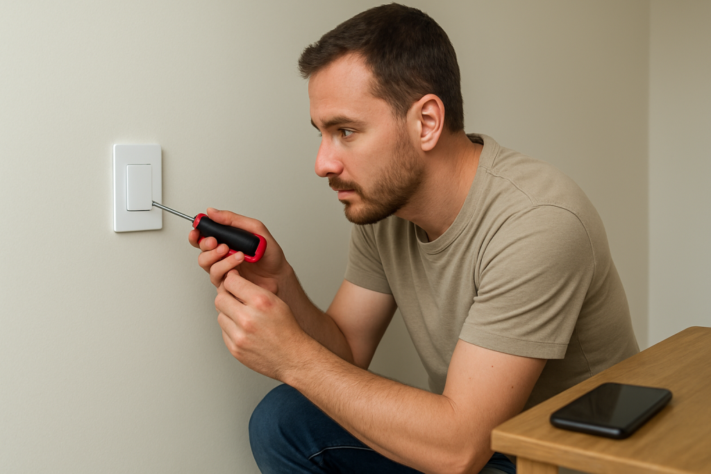 Close up of a person examining a smart light switch plate at home