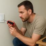 Close up of a person examining a smart light switch plate at home