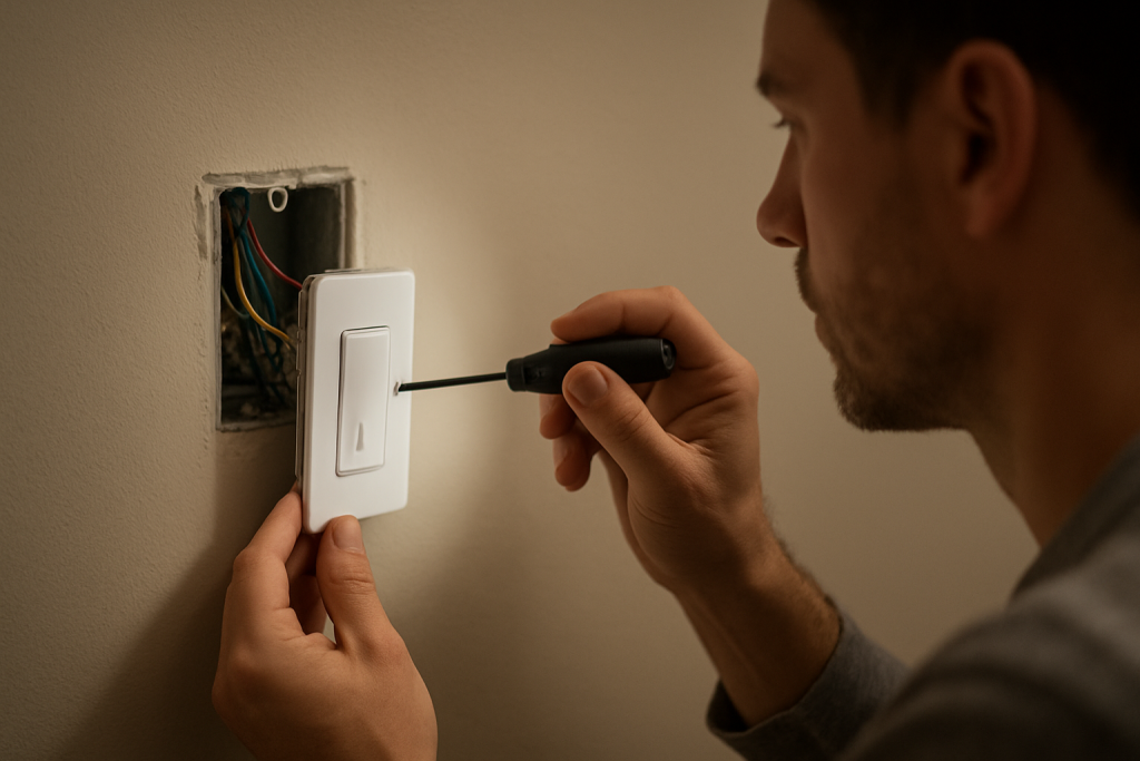 smart switch being inspected on a wall by homeowner indoors