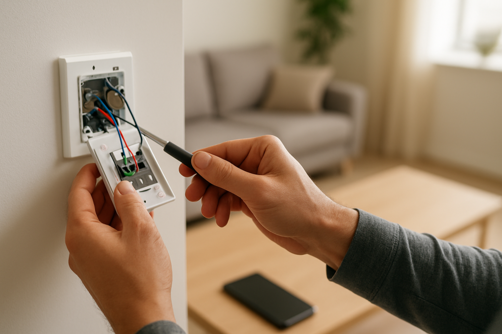 home electrical switch on wall with blurred smart hub and wiring nearby