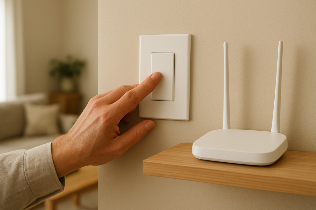 home interior showing a person checking a smart switch and router connection