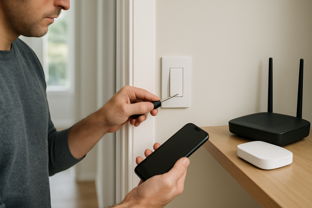 home interior electrician checking smart switch wiring and router connection