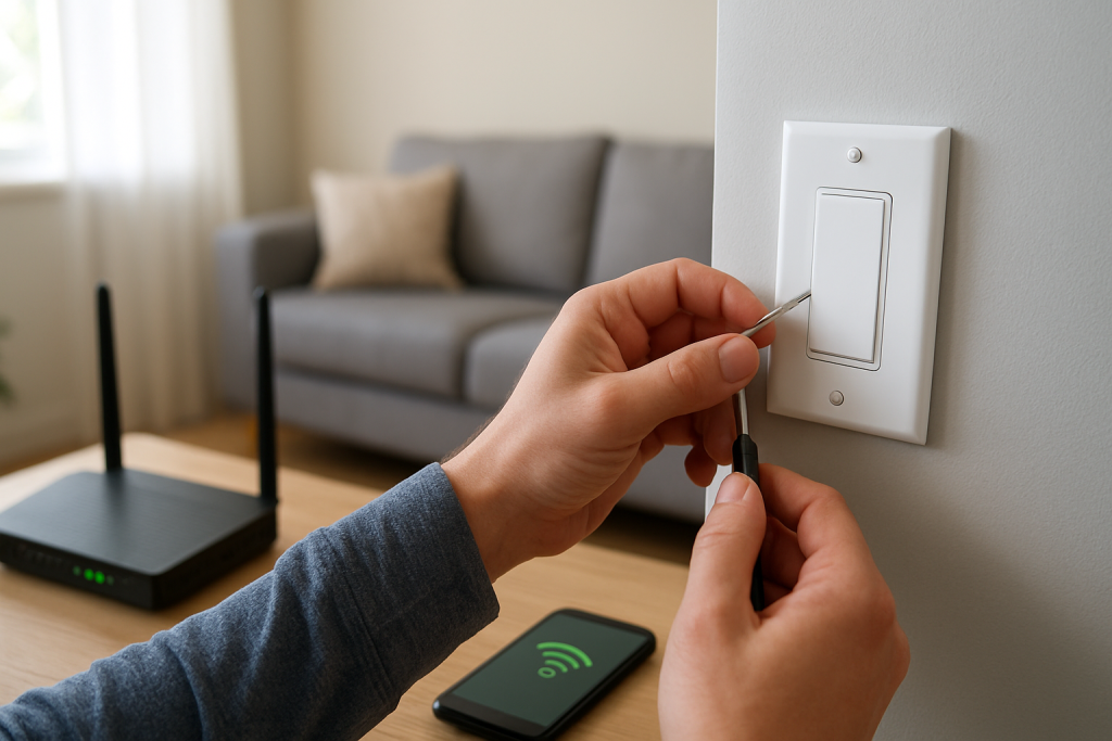 technician checking a smart light switch near a router and smartphone