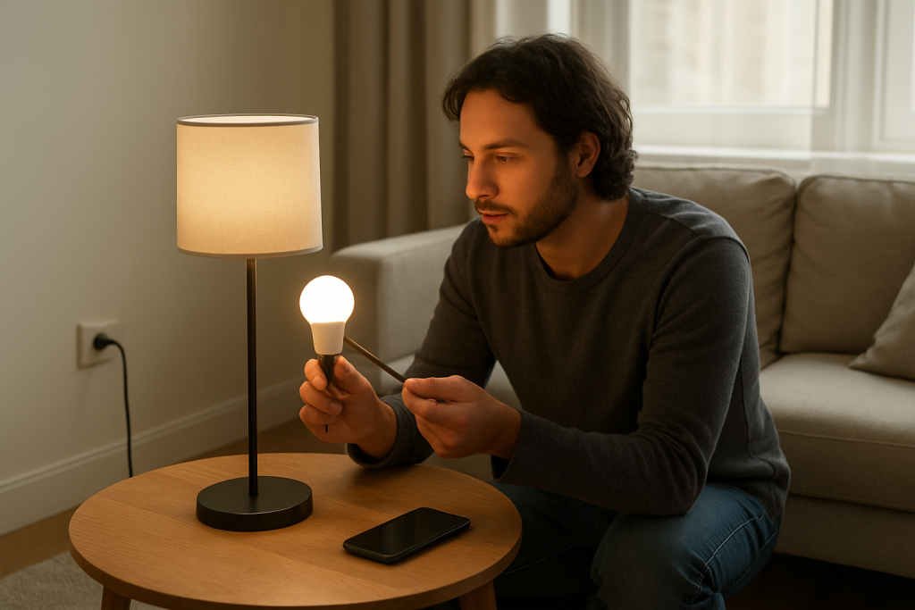 person troubleshooting a blinking smart bulb in a living room