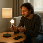 person troubleshooting a blinking smart bulb in a living room