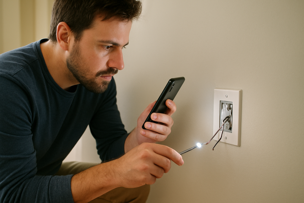 person troubleshooting a smart wall switch with tools and manual