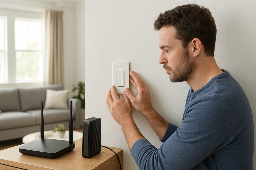 home smart switch on wall plate with wiring and ethernet router nearby