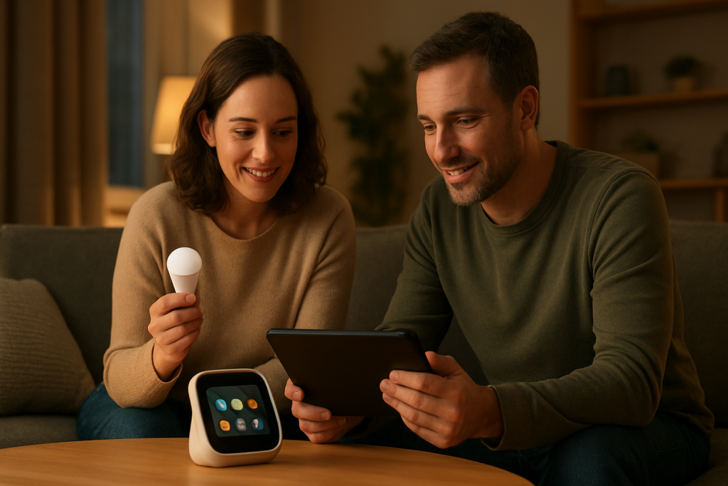 Two people troubleshooting smart lights in a living room together