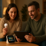 Two people troubleshooting smart lights in a living room together