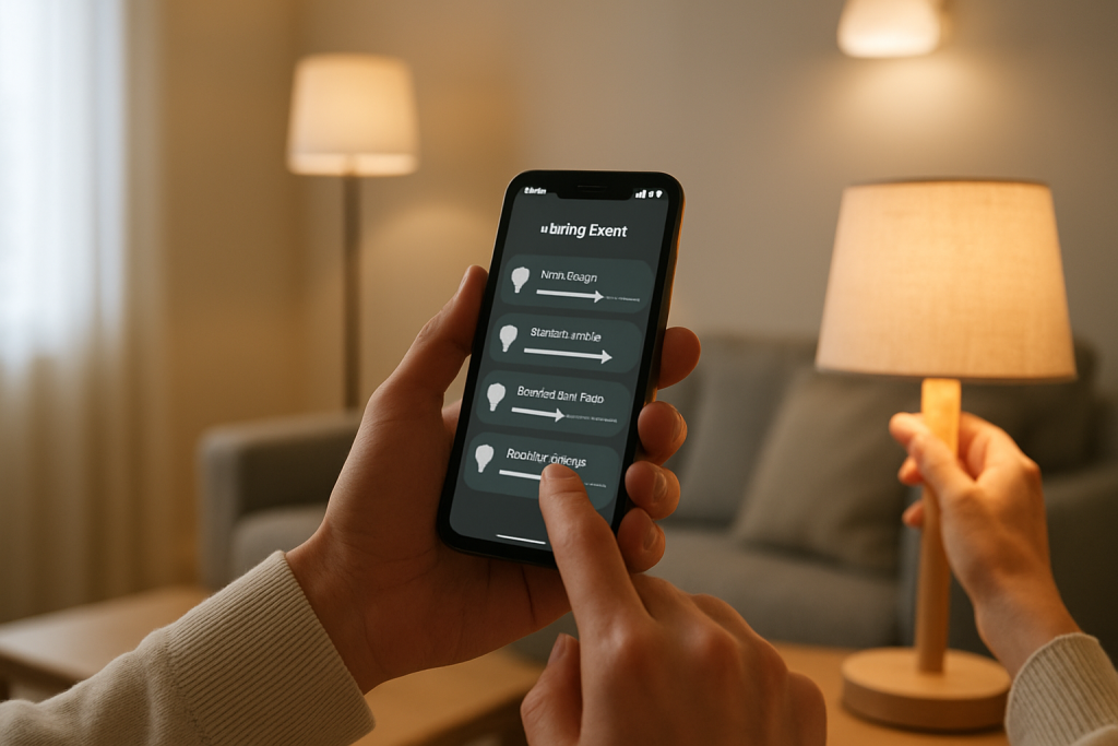 person troubleshooting smart lights with smartphone and bulbs