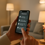 person troubleshooting smart lights with smartphone and bulbs