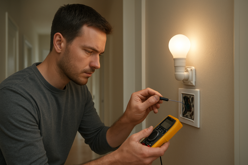 technician checking a smart light switch with tools in a home hallway