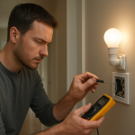 technician checking a smart light switch with tools in a home hallway