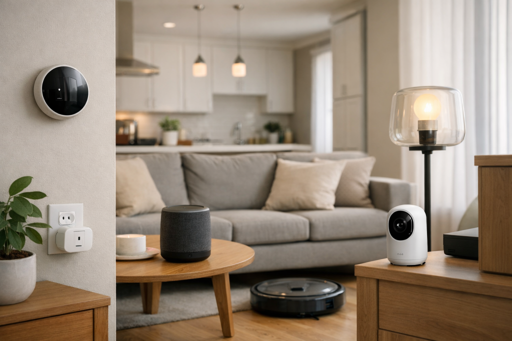 Modern smart home interior with connected devices in a realistic home setting