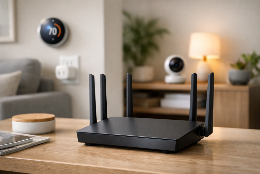 Home WiFi router with smart home devices in a modern indoor setting