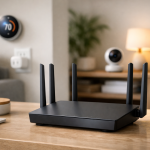Home WiFi router with smart home devices in a modern indoor setting