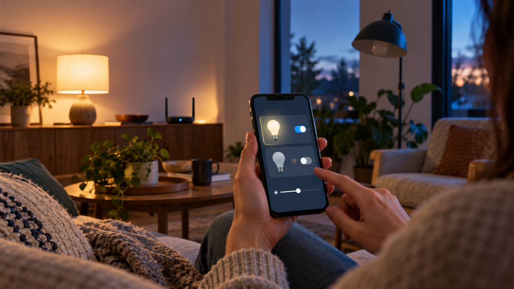 Checking smart lights in a home app while one light appears disconnected.
